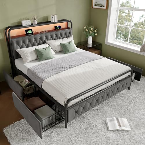 Kelodan Doppelbett 140×200 Polsterbett mit Aufladen USB Type C Ladefunktion APP-Control LED Bettgestell Metallbett und 4 Schubladen, Samt (Mit Matratze) von Kelodan