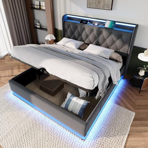 Kelodan Doppelbett Polsterbett 180x200cm, 360-Surround-LED-Funktion, Drucktaste/App/Fernbedienung, Grau Leinen-Material Hydraulisches Lagerbett, gepolstertes Kopfteil mit USB Typ-C Ladefunktion Kelodan Doppelbett Polsterbett 180x200cm, 360-Surround-LED-Funktion, Drucktaste/App/Fernbedienung, Grau Leinen-Material Hydraulisches Lagerbett, gepolstertes Kopfteil mit USB Typ-C Ladefunktion von Kelodan