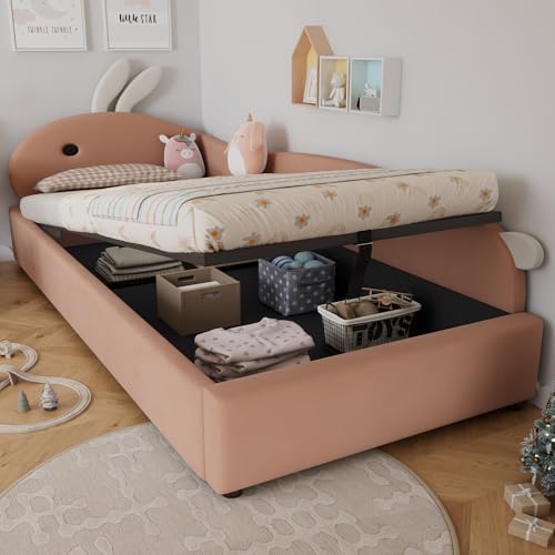 Kelodan Einzelbett 90x200cm Polsterbett Kinderbett Niedliches Häschen-Kopfteil Hydraulisches Bett mit Stauraum Erhöhter weicher Zaun Rechte Seitenplatte Samt Rosa+Weiß Kelodan Einzelbett 90x200cm Polsterbett Kinderbett Niedliches Häschen-Kopfteil Hydraulisches Bett mit Stauraum Erhöhter weicher Zaun Rechte Seitenplatte Samt Rosa+Weiß von Kelodan