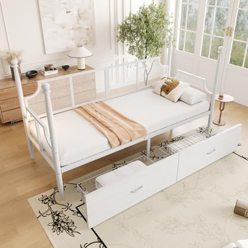 Kelodan Eisenbettsofa 90x200 Metallrahmen mit Ablagefächern Eiseneinzelbett Teenagerbett Netzrückenlehne und Armlehnen im Vintage-Stil umgeben von hoher Säulenstütze Weiß von Kelodan