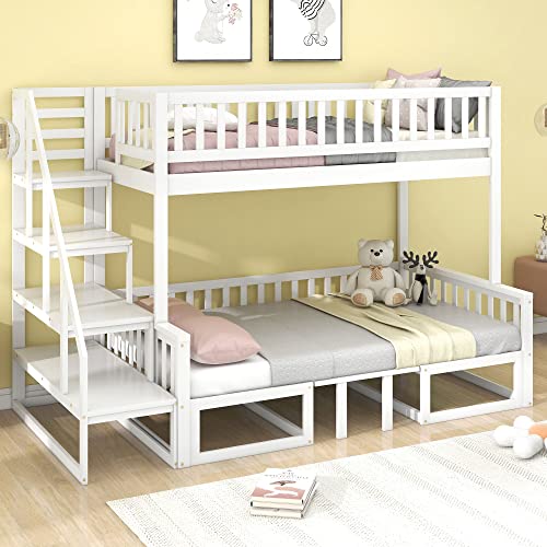 Kelodan Etagenbett 90x200cm 120x200cm Platzsparendes mit Treppe verstellbarem Tisch Holzsofa Robustes Kieferholzgestell Weiß von Kelodan