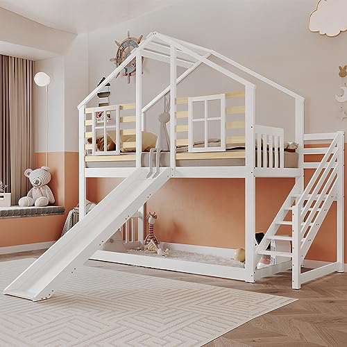 Kelodan Etagenbett 90x200cm Holzbett mit Treppe und Gitter, Rutsche und Fenster, Blockhaus Kinderbett mit Absturzsicherung, Bettrahmen aus Massivholz, Weiß Kelodan Etagenbett 90x200cm Holzbett mit Treppe und Gitter, Rutsche und Fenster, Blockhaus Kinderbett mit Absturzsicherung, Bettrahmen aus Massivholz, Weiß von Kelodan