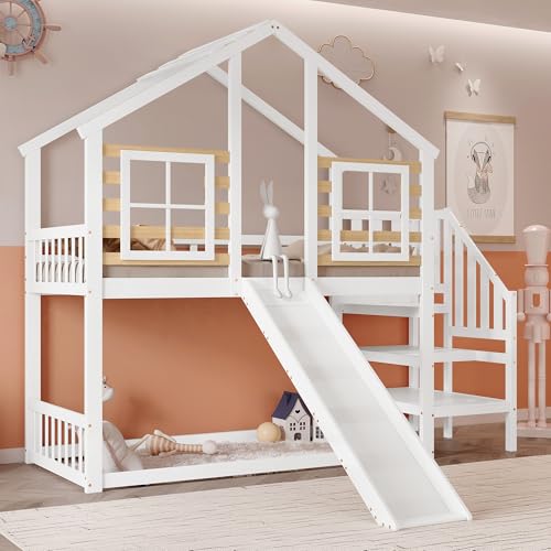 Kelodan Etagenbett 90x200cm Holzbett mit Treppe und Gitter, mit Rutsche und Fenster, Blockhaus Kinderbett mit Absturzsicherung, Bettrahmen aus Massivholz, Weiß Kelodan Etagenbett 90x200cm Holzbett mit Treppe und Gitter, mit Rutsche und Fenster, Blockhaus Kinderbett mit Absturzsicherung, Bettrahmen aus Massivholz, Weiß von Kelodan