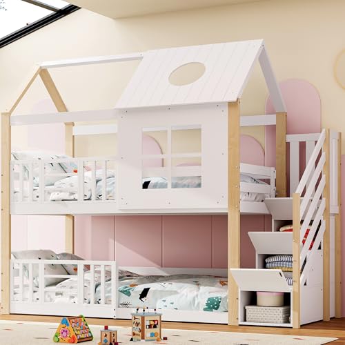 Kelodan Etagenbett 90x200cm mit Aufbewahrungstreppe Hausbett Kinderbett mit Fallschutzgitter mit Fenster und Dach Kiefer+MDF Weiß+Natur von Kelodan