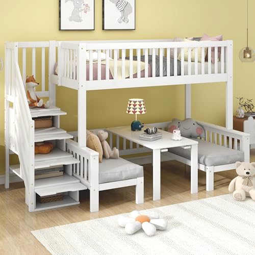 Kelodan Etagenbett 90x200cm&120x200cm Kinderbett Multifunktionaler höhenverstellbarer Tisch Stabile Aufbewahrungstreppe Sicherheitsgeländer Kiefer + MDF + Sperrholz Weiß von Kelodan