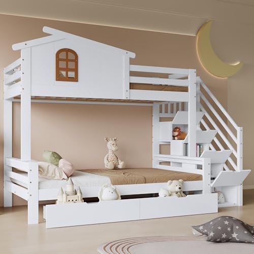 Kelodan Etagenbett Kinderbett 90x200cm mit Zwei Schubladen Rollen Fenster Leiterschrank Lattenroste Kiefer MDF Sperrholz Weiß Natur von Kelodan