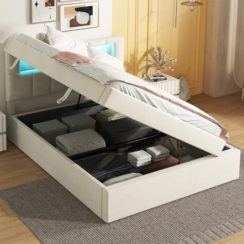 Kelodan Flachbett 90x200cm Polsterbett Samt Beige Ambientelicht am Kopfende Einseitig zu öffnen minimalistisches Design Großer Stauraum Verstellbares Kopfteil Kelodan Flachbett 90x200cm Polsterbett Samt Beige Ambientelicht am Kopfende Einseitig zu öffnen minimalistisches Design Großer Stauraum Verstellbares Kopfteil von Kelodan