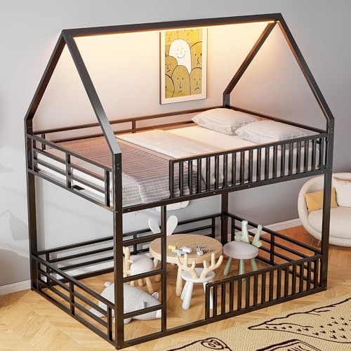 Kelodan Haus-Etagenbett 140x200cm mit Zaun und LED-Licht, Schwarz Kelodan Haus-Etagenbett 140x200cm mit Zaun und LED-Licht, Schwarz von Kelodan