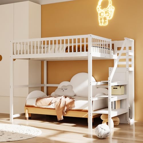 Kelodan Hochbett 140x200 mit Treppe,weißes Kinderbett aus Holz mit Aufbewahrungsregal,einfacher Kleiderschrank Kelodan Hochbett 140x200 mit Treppe,weißes Kinderbett aus Holz mit Aufbewahrungsregal,einfacher Kleiderschrank von Kelodan