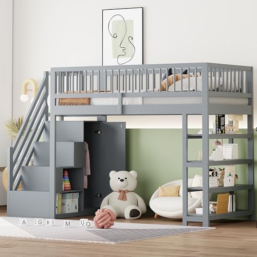 Kelodan Hochbett 90x200 Hochzaun-Sicherheitsdesign mit Kleiderschrank, Regalen und Stauraum mit Sicherheitskletterleiter, Multifunktionsbett, Massivholzbett, Grau von Kelodan