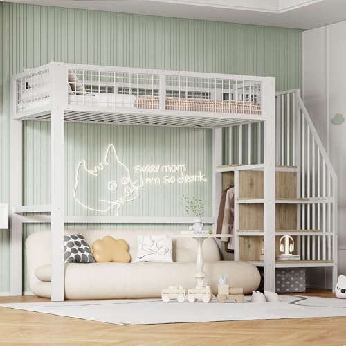 Kelodan Hochbett 90x200 Kinderbett mit Leiter, Eisenrahmen und Aufbewahrungsregal, Kleiderschrank Weiß von Kelodan