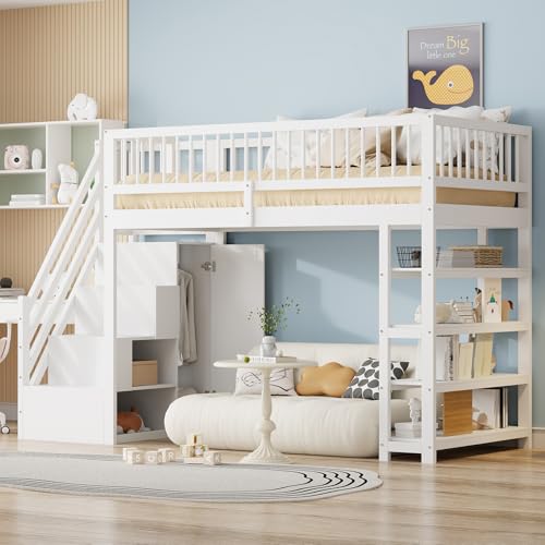 Kelodan Hochbett 90x200 Sicherheitsdesign Hochzaun mit Kleiderschrank Regalen und Stauraum mit Sicherheitskletterleiter Multifunktionsbett Massivholzbett weiß von Kelodan
