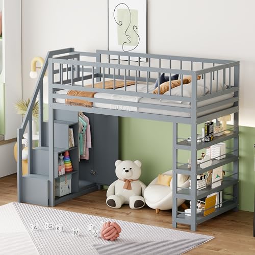 Kelodan Hochbett 90x200 Sicherheitsdesign mit Kleiderschrank, Regalen und Stauraum, Sicherheitskletterleiter, Multifunktionsbett, Massivholzbett, Grau von Kelodan