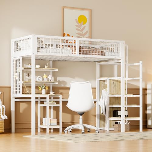 Kelodan Hochbett 90x200 Sicherheitsleiter Kinderbett Eisenrahmen Kleiderschrank Computertisch Weiß von Kelodan