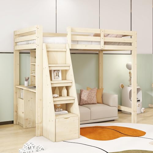 Kelodan Hochbett 90x200cm Massivholzrahmen Arbeitstisch mit Regalen und Schränken,Sicherheitskletterleiter mit Stauraum, mit Stauschubladen, Einzelbett Jugendbetten Kinderbetten, Holzfarbe von Kelodan