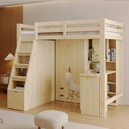 Kelodan Hochbett 90x200cm Massivholzrahmen Mit Stauraum Sicherheits-Kletterleiter Kleiderschrank Einzelbett Jugendbett Kinderbett Original Holzfarbe Kelodan Hochbett 90x200cm Massivholzrahmen Mit Stauraum Sicherheits-Kletterleiter Kleiderschrank Einzelbett Jugendbett Kinderbett Original Holzfarbe von Kelodan