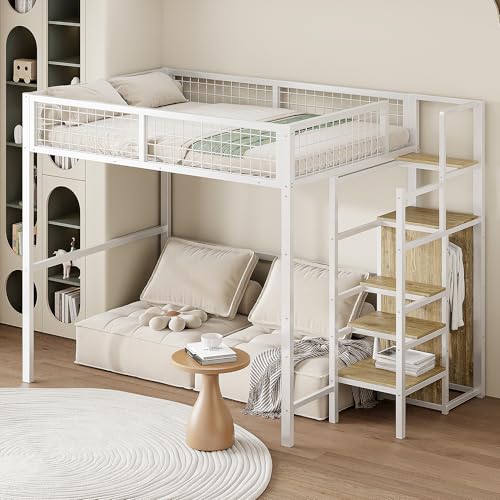 Kelodan Hochbett Kinderbett Eisenrahmen Aufbewahrungsregal Kleiderschrank Weiß 140 * 200 mit Leiter von Kelodan