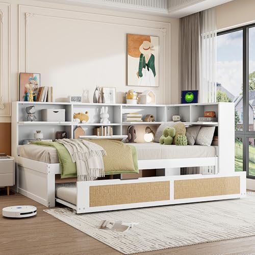 Kelodan Holz Schlafsofa 90x200 Multifunktionales Einzelbett mit Ausziehbett Kinderbett mit vielen Staufächern und Ladeanschluss Weiß von Kelodan