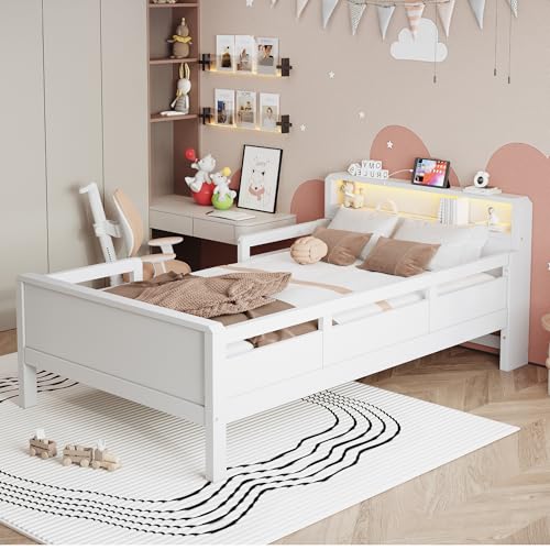 Kelodan Holzbett 90x200cm USB- und Tape-C-Kombi-Steckdose kleine LED-Leuchte Kopfteil mit Ablagefunktion Kinderbett Einzelbett Multifunktionsbett Kiefernholz weiß von Kelodan