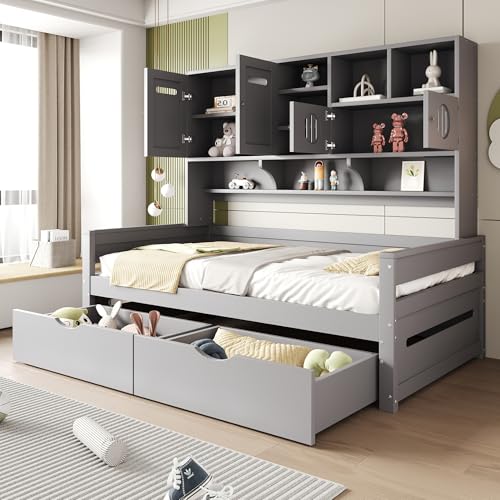 Kelodan Holzsofa-Bett 90x200cm multifunktionaler Stauraum große Schublade Einzelbett Jugendbett Lattenrost grau (Ohne Matratze) von Kelodan