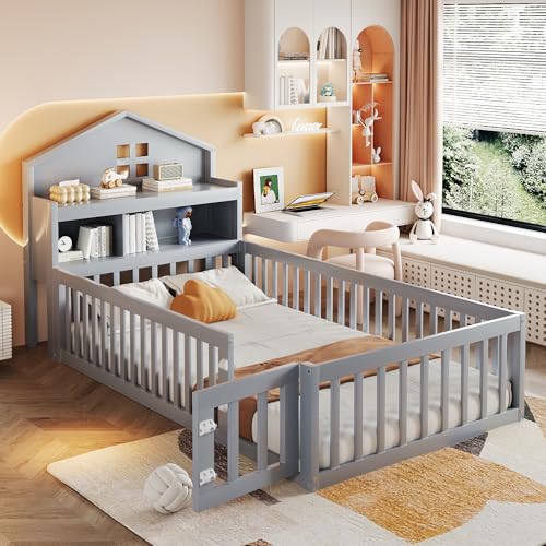 Kelodan Kinderbett 90x200 Massivholz-Kinderbettrahmen Hausleiste mit Einlegeböden und Stauraum, mit Schutzgitter und Tür, mit Bilderleiste, mit Lattenrost, Grau Kelodan Kinderbett 90x200 Massivholz-Kinderbettrahmen Hausleiste mit Einlegeböden und Stauraum, mit Schutzgitter und Tür, mit Bilderleiste, mit Lattenrost, Grau von Kelodan