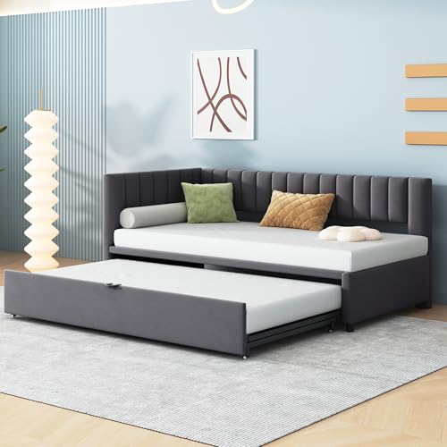Kelodan L-förmiges 90/180x200cm Schlafsofa Multifunktionales mit Ausziehbett, Polsterbett in Samtstoff, platzsparendes Design für Kinderbett, Gästebett Grau Kelodan L-förmiges 90/180x200cm Schlafsofa Multifunktionales mit Ausziehbett, Polsterbett in Samtstoff, platzsparendes Design für Kinderbett, Gästebett Grau von Kelodan