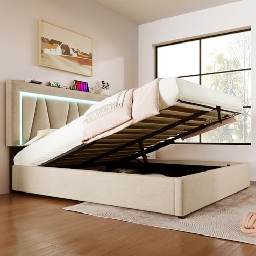 Kelodan LED Polsterbett Doppelbett 140x200 mit USB Typ C Ladefunktion und LED-Beleuchtung, Stauraumbetten Bettgestell aus Leinenmaterial Jugendbett mit Lattenrost (Mit Matratze) von Kelodan