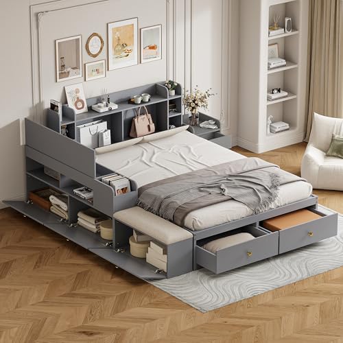Kelodan Massivholz-Kombi-Bett 140x200cm Graues Kopfteil mit eingebautem Staufach mit Schubladen mit Nachttisch mit Stauraum-Langschrank mit Sofabank Stauraumbett Doppelbett Tatamibett von Kelodan