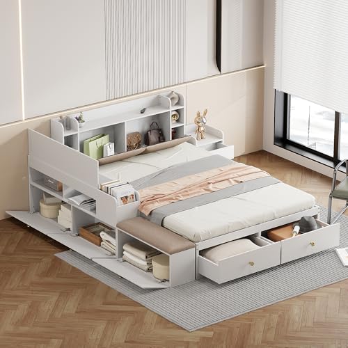 Kelodan Massivholz-Stauraumbett 140x200cm, Kopfteil mit eingebautem Staufach, mit Schubladen, mit Nachttisch, mit Stauraum-Langschrank, mit Sofabank, Doppelbett Tatamibett, weiß von Kelodan