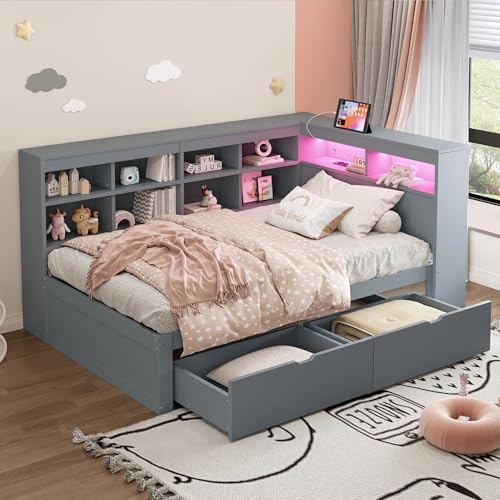 Kelodan Massivholzsofa 90x200cm, Mit Ablagefächern, Bett USB- und Steckdose LED-Leiste, Mit Regalen, Viel Stauraum, Multifunktionales Einzelholzbett, Grau von Kelodan