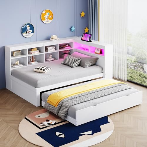 Kelodan Massivholzsofa 90x200cm Mit Ausziehbarem Bett USB-Steckdose LED-Licht Regalen Ablagefächern Viel Stauraum Multifunktionales Einzelholzbett Weiß von Kelodan