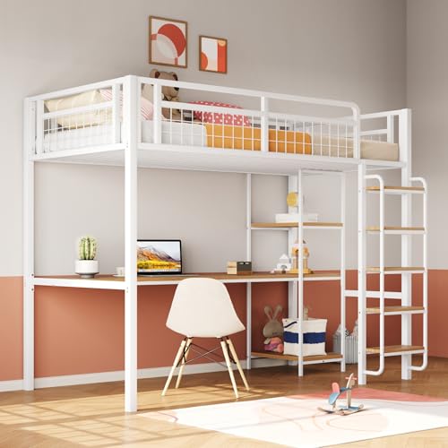 Kelodan Metall-Hochbett 90x200cm Sicherheitsleiter mit Treppenstufen Einzelbett Kinderbett mit Tisch und Regalen Metallgitter-Sicherheitszaun Weiß von Kelodan