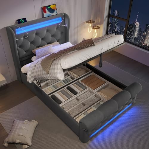 Kelodan Modernes Polsterbett 90x200cm Grau Samt-LED-Leuchten,Hydraulischer Stauraum,Kopfteil mit USB- und Typ-C-Anschlüssen,Ohne Matratze von Kelodan