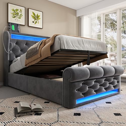 Kelodan Modernes Polsterbett 90x200cm Grau Samt Mit Matratze - LED-Leuchten,Stauraum-Kopfteil mit USB- und Typ-C-Anschlüssen,Hydraulisches Stauraumbett von Kelodan