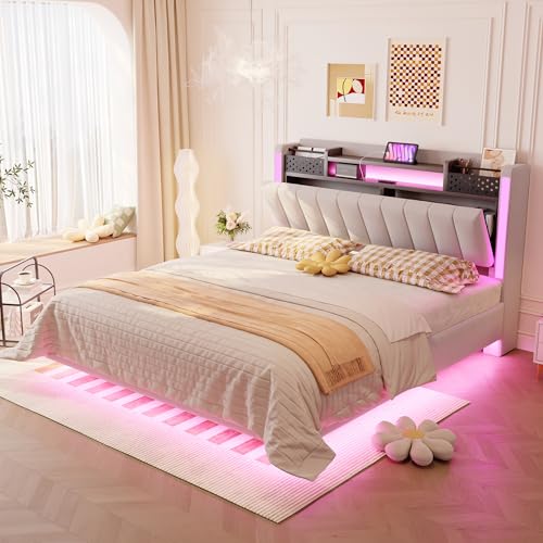 Kelodan Polsterbett 140x200 LED-Beleuchtung USB-Steckdose Kopfteil mit Stauraum Schwebebett Jugendbett Erwachsenenbett Leinenstoff Beige Kelodan Polsterbett 140x200 LED-Beleuchtung USB-Steckdose Kopfteil mit Stauraum Schwebebett Jugendbett Erwachsenenbett Leinenstoff Beige von Kelodan