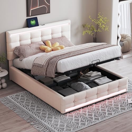 Kelodan Polsterbett 140x200 LED-Bettgestell Kopfteil höhenverstellbar großem Stauraum 2 USB-Ladestationen Leinenstoff Gepolstertes Plattformbett Beige Kelodan Polsterbett 140x200 LED-Bettgestell Kopfteil höhenverstellbar großem Stauraum 2 USB-Ladestationen Leinenstoff Gepolstertes Plattformbett Beige von Kelodan