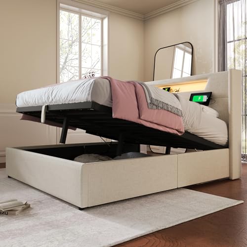 Kelodan Polsterbett 140x200 LED Doppelbett mit USB Typ C Ladefunktion und LED-Beleuchtung, Stauraumbetten Bettgestell aus Leinenmaterial Jugendbett mit Lattenrost (Mit Matratze) von Kelodan