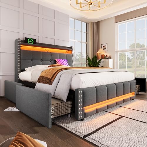 Kelodan Polsterbett 140x200 cm LED-Beleuchtung USB-Steckdose Kopfteil Ablagen Stauraum 4 Schubladen Doppelbett Erwachsene Leinenstoff Grau von Kelodan