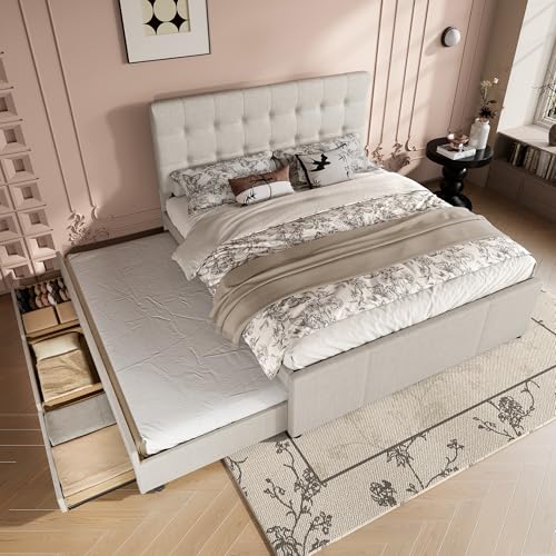 Kelodan Polsterbett 140x200cm Doppelbett Familienbett Ehebett mit DREI Schubladen ausziehbares Bett Verstellbares Kopfteil Ohne Matratze Beige Kelodan Polsterbett 140x200cm Doppelbett Familienbett Ehebett mit DREI Schubladen ausziehbares Bett Verstellbares Kopfteil Ohne Matratze Beige von Kelodan