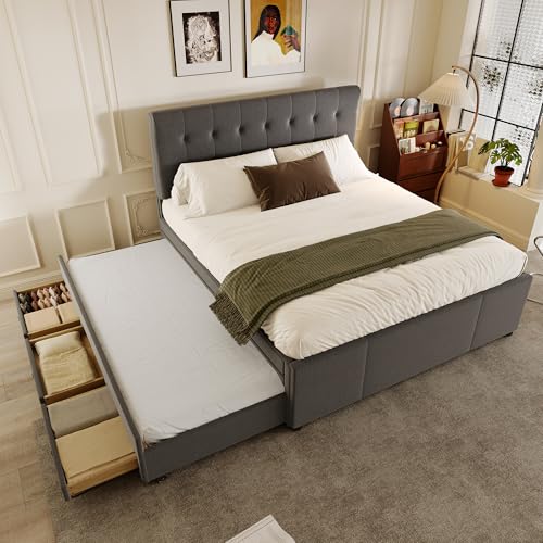 Kelodan Polsterbett 140x200cm Doppelbett Familienbett Ehebett mit DREI Schubladen ausziehbares Bett Verstellbares Kopfteil Ohne Matratze Grau von Kelodan