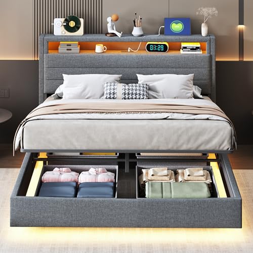 Kelodan Polsterbett 140x200cm Hydraulisches Schwebender Bettrahmen Mit Stauraum Multifunktionales Mit USB-Steckdose Und LED-Licht Wendekopfteil Leinen Grau von Kelodan