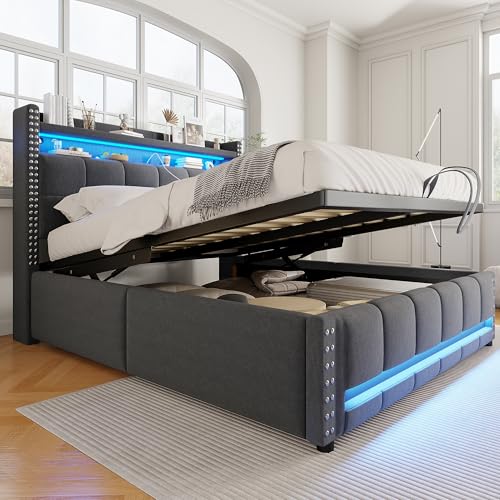 Kelodan Polsterbett 140x200cm LED-Beleuchtung USB-Steckdose Kopfteil Einlegeböden Stauraum Hydraulik Erwachsene Doppelt Leinenstoff Grau von Kelodan