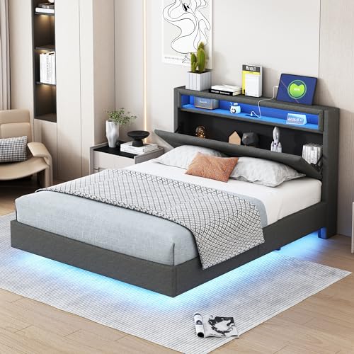 Kelodan Polsterbett 140x200cm USB-Steckdose LED-Licht wendbares Kopfteil verdecktes Fußteil Doppelflachbett Jugendbett Erwachsenenbett Leinenstoff grau von Kelodan