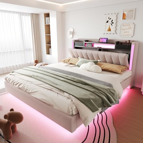 Kelodan Polsterbett 160x200 LED-Beleuchtung USB-Steckdose Kopfteil mit Stauraum Schwebebett Jugendbett Erwachsenenbett Leinenstoff Beige von Kelodan