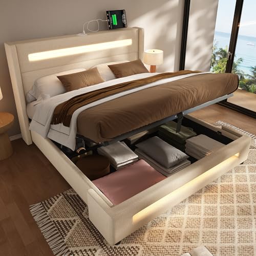 Kelodan Polsterbett 160x200cm Doppelbett Jugendbett mit LED Stauraumbett hydraulischem Stauraum USB Type-C Aufladen Metallbettrahmen Holzlatten Beige Leinen Mit Matratze Kelodan Polsterbett 160x200cm Doppelbett Jugendbett mit LED Stauraumbett hydraulischem Stauraum USB Type-C Aufladen Metallbettrahmen Holzlatten Beige Leinen Mit Matratze von Kelodan