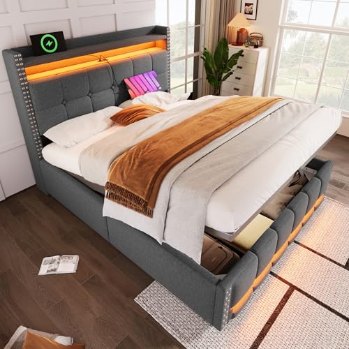 Kelodan Polsterbett 160x200cm Leinenstoff Grau mit LED-Beleuchtung und USB-Steckdose, Kopfteil mit Einlegeböden und Stauraum, mit Hydraulik für die Lagerung, Erwachsenenbett Doppelt Kelodan Polsterbett 160x200cm Leinenstoff Grau mit LED-Beleuchtung und USB-Steckdose, Kopfteil mit Einlegeböden und Stauraum, mit Hydraulik für die Lagerung, Erwachsenenbett Doppelt von Kelodan