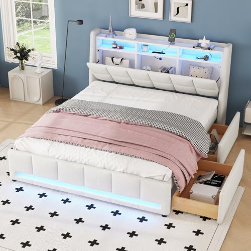 Kelodan Polsterbett 160x200cm Ohne Matratze APP-Fernbedienung LED-Licht Bett mit Schubladen mit Steckdosen und USB Eingebautes Staufach Leinen Beige von Kelodan