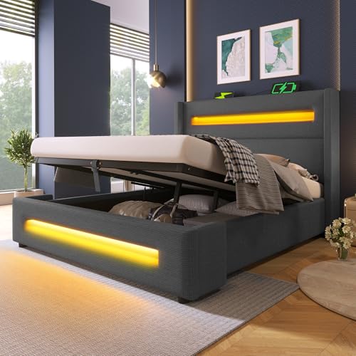 Kelodan Polsterbett 180x200 cm Doppelbett Jugendbett mit LED Stauraumbett mit hydraulischem Stauraum und USB Type-C Aufladen Metallbettrahmen mit Holzlatten Grau Leinen ohne Matratze Kelodan Polsterbett 180x200 cm Doppelbett Jugendbett mit LED Stauraumbett mit hydraulischem Stauraum und USB Type-C Aufladen Metallbettrahmen mit Holzlatten Grau Leinen ohne Matratze von Kelodan