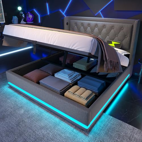 Kelodan Polsterbett 180x200cm Doppelbett,Grau Baumwolle-Material Hydraulisches Stauraumbett, gepolstertes Kopfteil mit USB Typ-C Ladefunktion, 3-seitige LED-Funktion(Ohne Matratze) von Kelodan