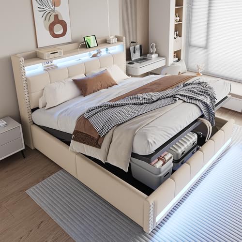 Kelodan Polsterbett 180x200cm LED-Beleuchtung USB-Steckdose Kopfteil Einlegeböden Stauraum Hydraulik Lagerung Erwachsenenbett Doppelt Leinenstoff Beige von Kelodan